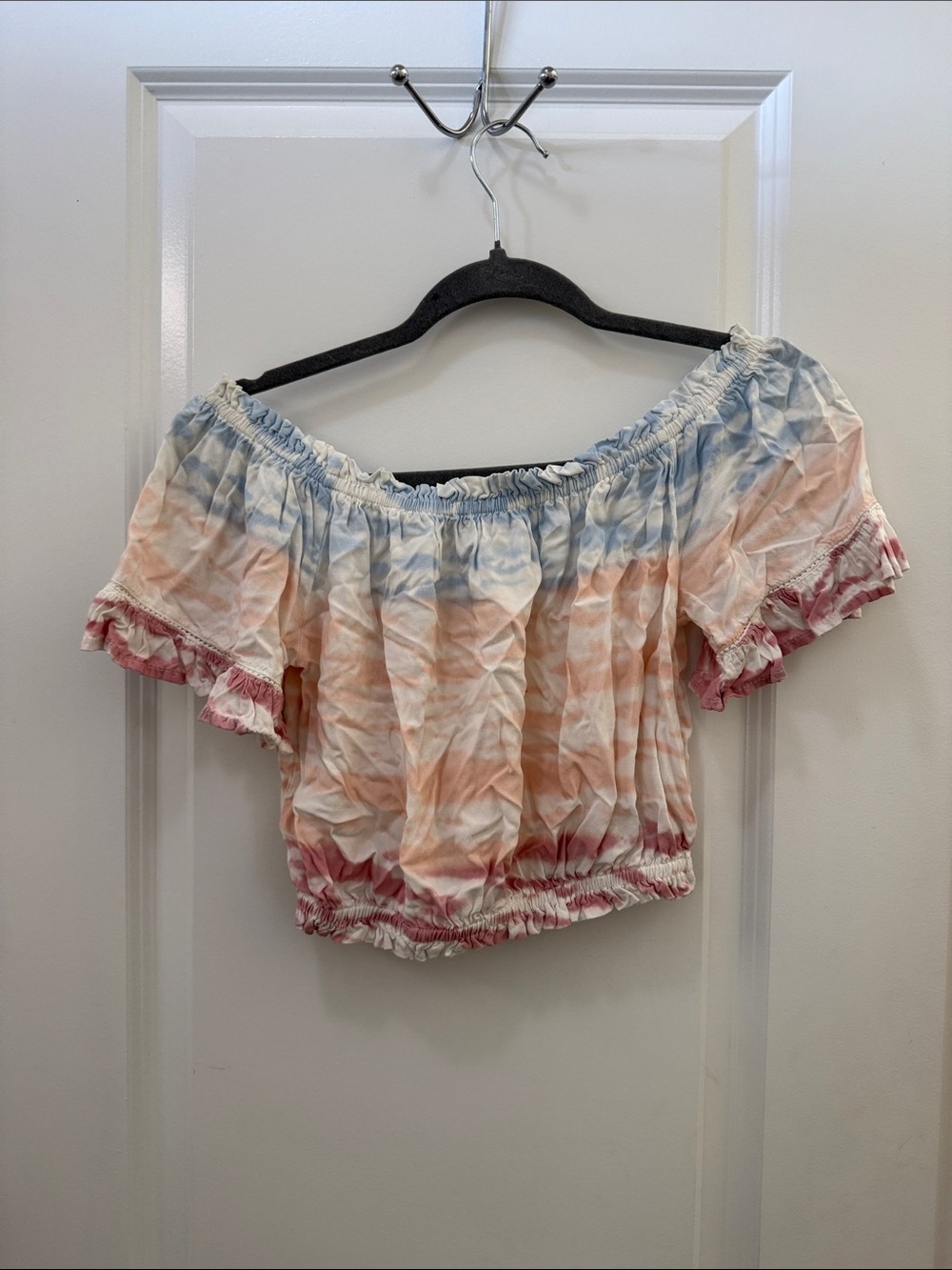 Ocean Drive Off-Shoulder Tie-Dye Crop Top in Blue, Peach & Pink